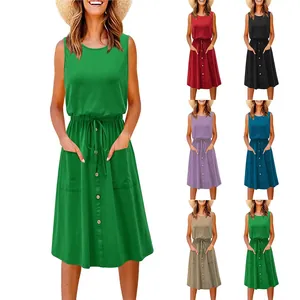 Comfortable sleeveless midi dress with drawstring waist and pockets in multiple colors