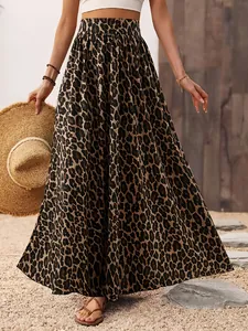 Women Leopard Print Midi Skirt Casual High Waist A-Line Skirt Elastic Vacation Beach Skirt Polyester Spandex Long Skirt
