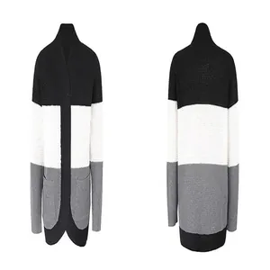 Vista dettagliata fronte e retro di un cardigan da donna in maglia a tre colori casual.