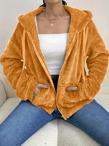 Detailed view of ginger fuzzy hooded jacket featuring soft fleece texture and zip closure