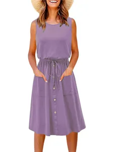 Lavender sleeveless summer tank dress with drawstring waist and functional front pockets