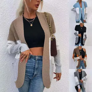 Cardigan in Maglia a Blocchi di Colore Donna Maglione a Scollo a V Lunghezza Media Giacca in Acrilico con Grandi Tasche Curve