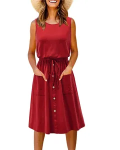 Sleeveless red tank dress featuring a drawstring waist with front button details