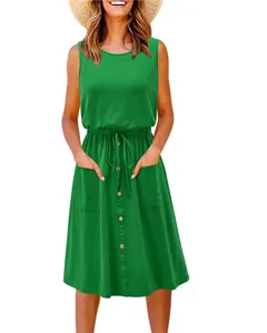 Detailed view of a green sleeveless midi dress featuring pockets and front buttons