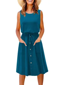Sleeveless teal midi summer dress featuring front buttons, drawstring waist and pockets