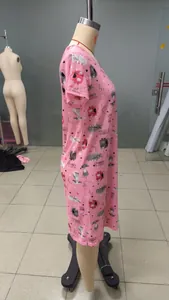Pink women's short sleeve nightgown with cute cartoon cat print and Sleep text