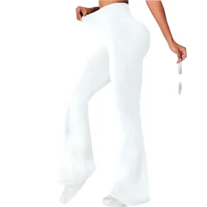 Weiße Schlaghose für Damen mit hoher Taille und dehnbarem Stoff für den Yoga-Stil