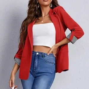 Blazer rosso casual slim fit da donna con maniche a 3/4 e design con revers