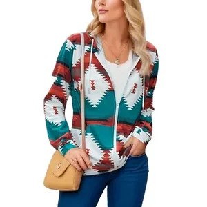 Veste à capuche décontractée pour femme avec imprimé tribal géométrique bleu