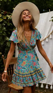 Elegantes Boho Mini-Blumenkleid in Blau mit V-Ausschnitt und modischen kurzen Ärmeln