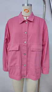 Detailed front view of a vintage style loose pink denim jacket for women on a mannequin.