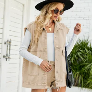 Chic khaki denim sleeveless vest paired with matching frayed shorts for trendy summer look