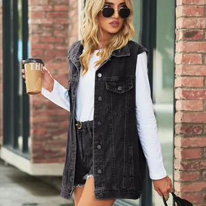 Modische locker sitzende schwarze Vintage-Jeansweste für Damen im Streetstyle-Look