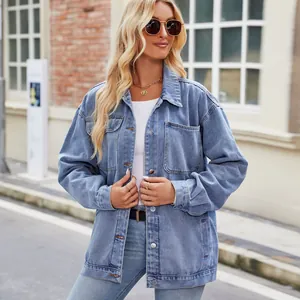 Retro washed light blue oversized denim jacket for women with chest pockets