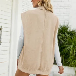 Back view detail of a khaki denim vest for women with a stylish sleeveless summer cut