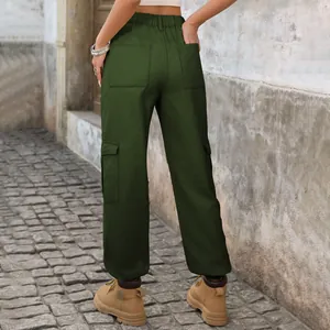 Back view of women's olive green cargo pants with multi-pockets and elastic waist