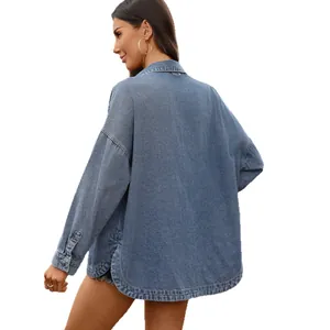 Washed vintage loose casual denim shirt for women with curved hem and slit details