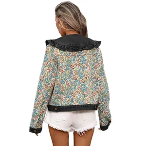 Vintage-Jeansjacke mit Blumen-Jacquard, Rüschenkragen und kurzem Schnitt für Damen