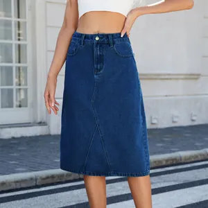 Close-up detail of a dark blue high-waisted denim midi skirt with front seam design