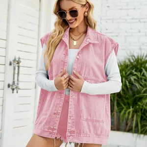 Stylish pink denim vest for women, sleeveless jacket with front pockets and buttons.