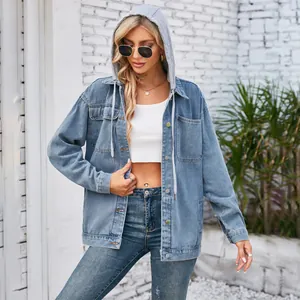 Veste en jean vintage pour femme avec capuche grise intégrée et cordon de serrage