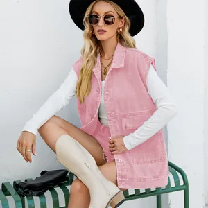 Detailed view of a stylish pink denim sleeveless vest for women in summer street fashion.