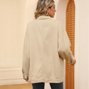 Detailed back view of a classic loose fit khaki denim jacket for women's casual wear