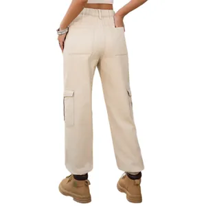 Women's khaki cargo denim pants with elastic waist and jogger cuffs.