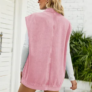 Stylish pink sleeveless denim vest for women, back view detail in bright outdoor setting