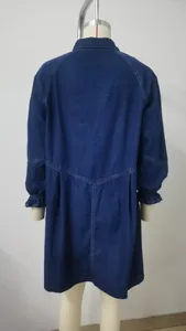 Back view of a loose washed long-sleeved denim midi dress with exquisite ruffle cuffs