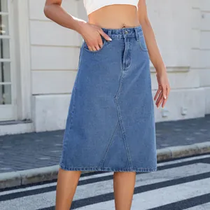 High-waisted washed denim midi skirt featuring unique seam detailing and a flattering A-line fit