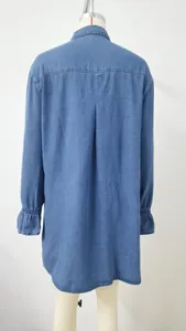 Back view of loose washed denim long-sleeve dress with pleated detail on mannequin.