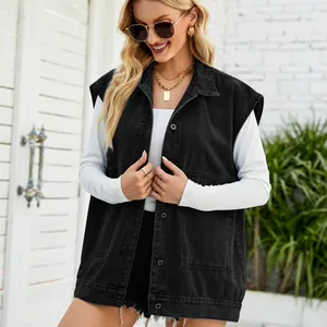 Stylish casual black denim vest for women with oversized fit and classic button-down style