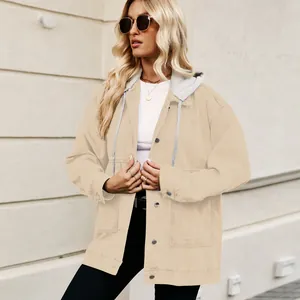 Classic oversized beige denim jacket for women featuring a grey hood and button details