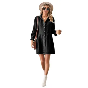 Stylish loose washed long-sleeved denim midi shirt dress for women in vintage black