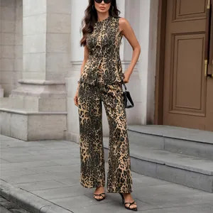 Elegant sleeveless leopard print vest and high-waisted wide-leg trousers set for women