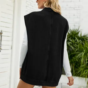 Detailed back view of a trendy black oversized denim vest for women's summer fashion