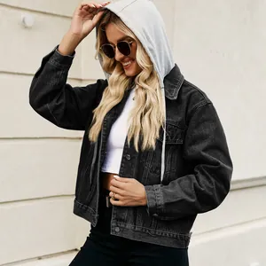 Cropped black washed denim jacket with a contrasting gray drawstring hood for women