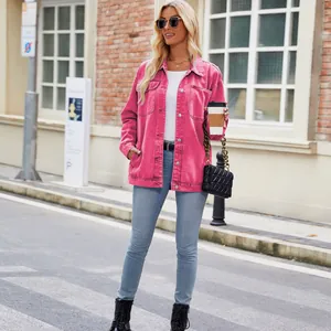 Fashionable retro washed pink denim jacket for women featuring a vintage street style look