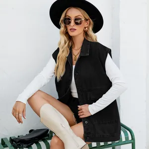 Trendy black denim waistcoat for women styled with casual accessories for a chic look
