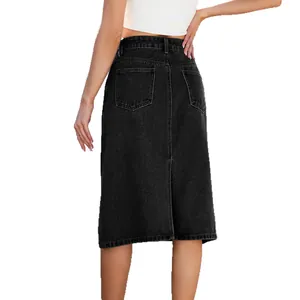 High waisted slim fit washed black denim midi skirt with back slit and two pockets