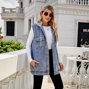 Stylish retro loose fit blue denim vest jacket with a gray cotton hood for women