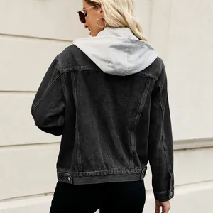Back view of a slim fit black denim jacket with a grey hood for women's street style
