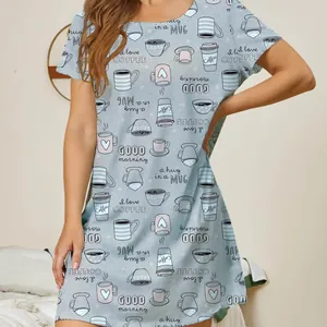 Comfortable casual light blue short sleeve nightgown with coffee mug prints for women