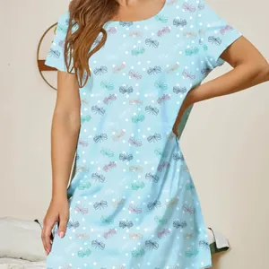 Light blue women's nightgown with round neck, colorful butterflies and polka dots