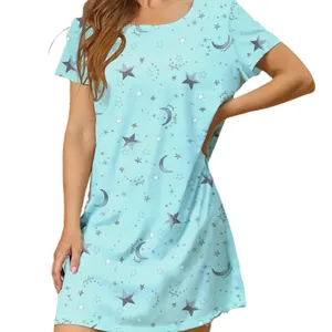 Women's light blue short sleeve nightgown with moon and star print for comfy lounging.