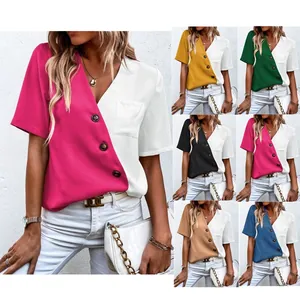 Damen Sommer V-Ausschnitt Kurzarm Farbblock Bluse Casual Lockere Knöpfe Patchwork Hemd Mode Chiffon Top