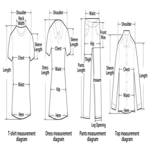 Detailed clothing measurement guide for t-shirts, dresses, pants, and shirts silhouettes.