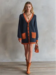 Oversized navy and orange color-block knit cardigan on a fashion model