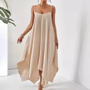 Elegant beige sleeveless maxi dress with asymmetrical handkerchief hemline